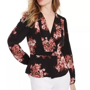 Leyden Floral-Print Faux Wrap Blouse Black/Pink/White Size XL EUC